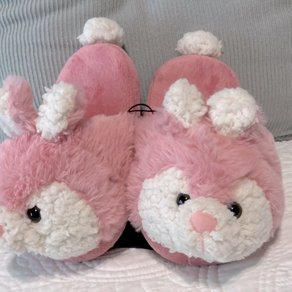 Pink Bunny Slippers Girls Plush House Shoes 11/12 New Comfy